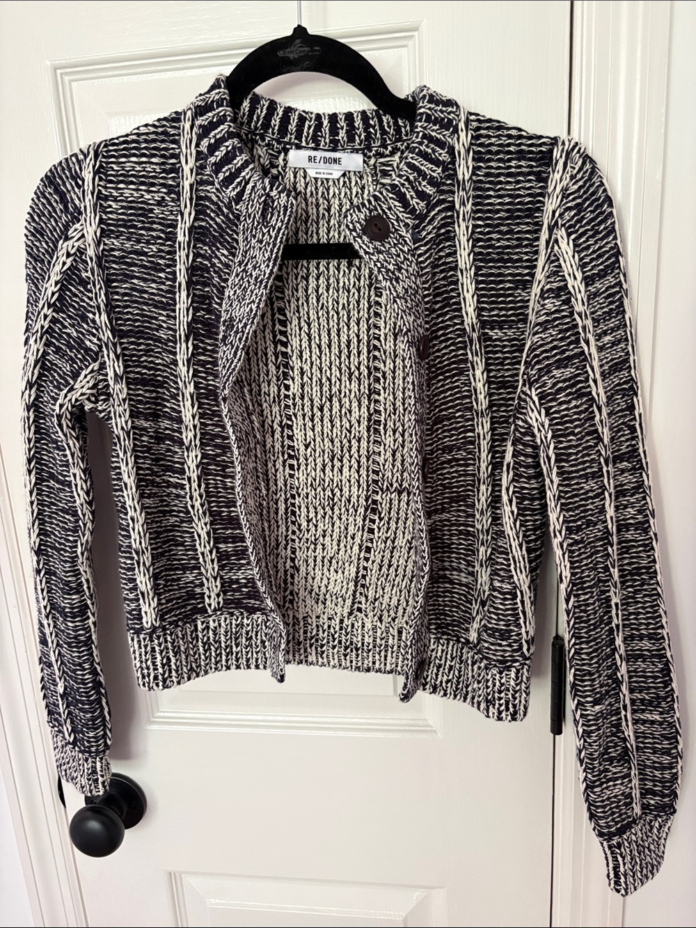 Re/Done Navy and White Marled Rib-Striped Cardigan